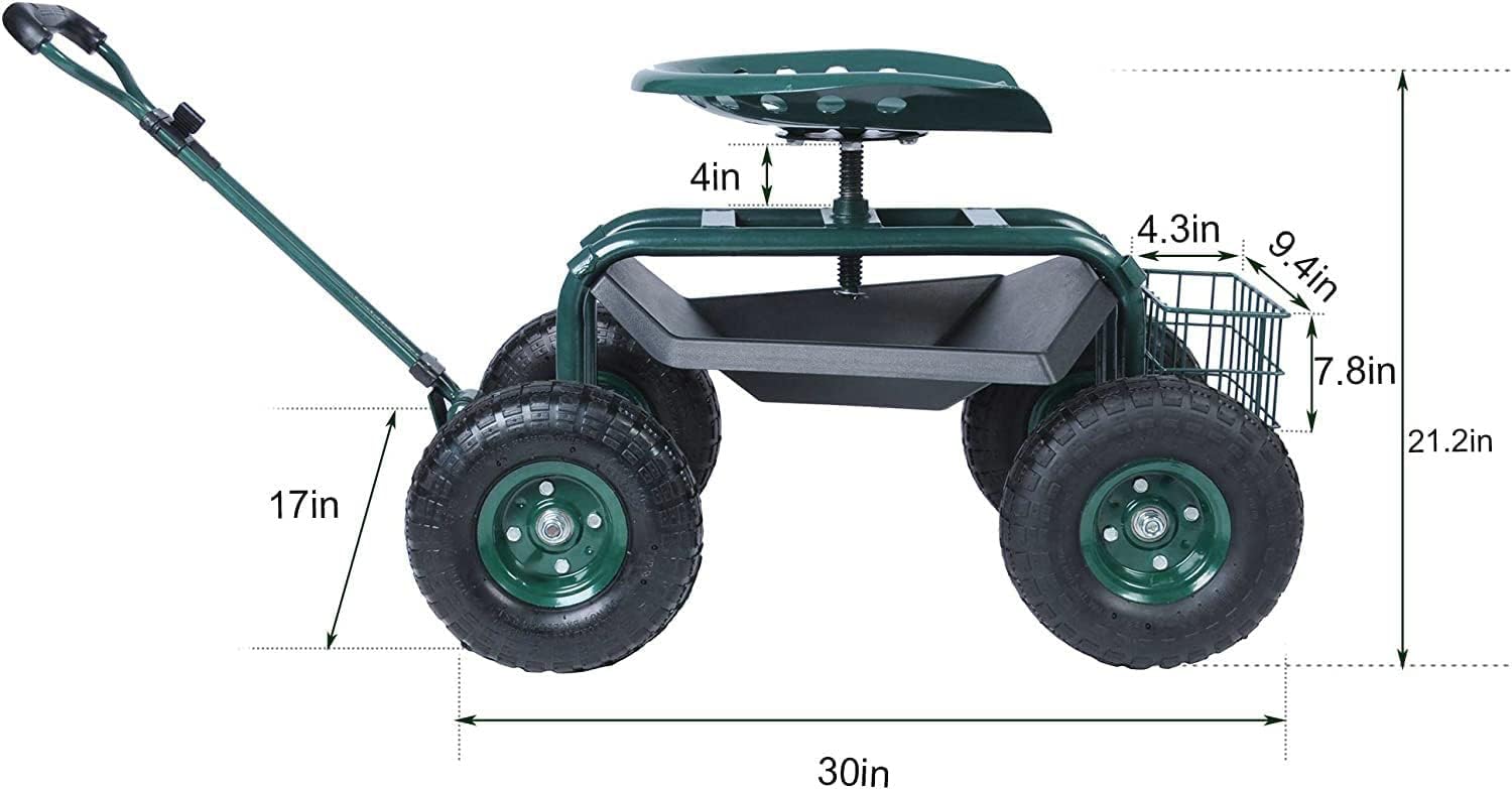 Rolling Garden Cart with Seat Lawn Yard Patio Work Seat Gardening Stool with Tool Tray and Storage Basket, with Handle