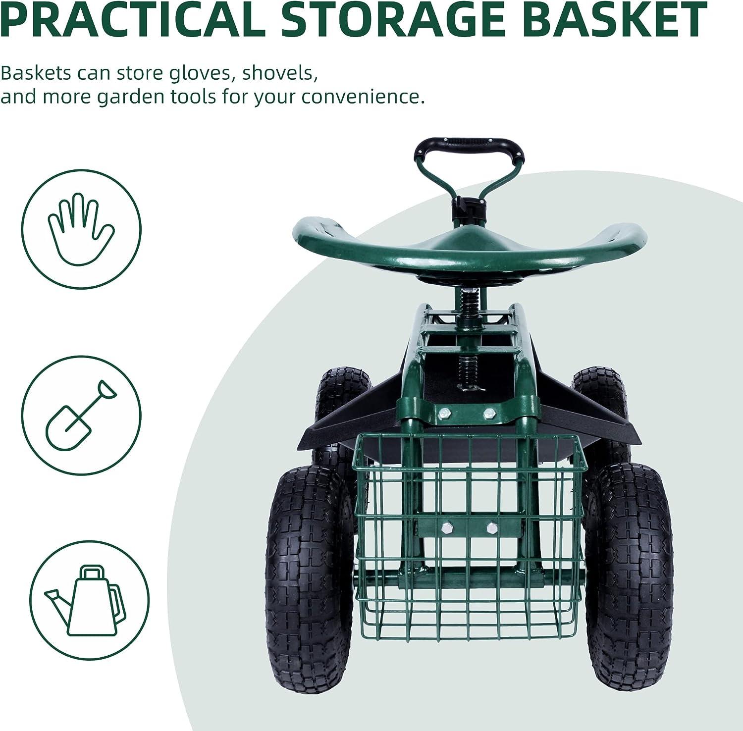 Rolling Garden Cart with Seat Lawn Yard Patio Work Seat Gardening Stool with Tool Tray and Storage Basket, with Handle - Luckyermore