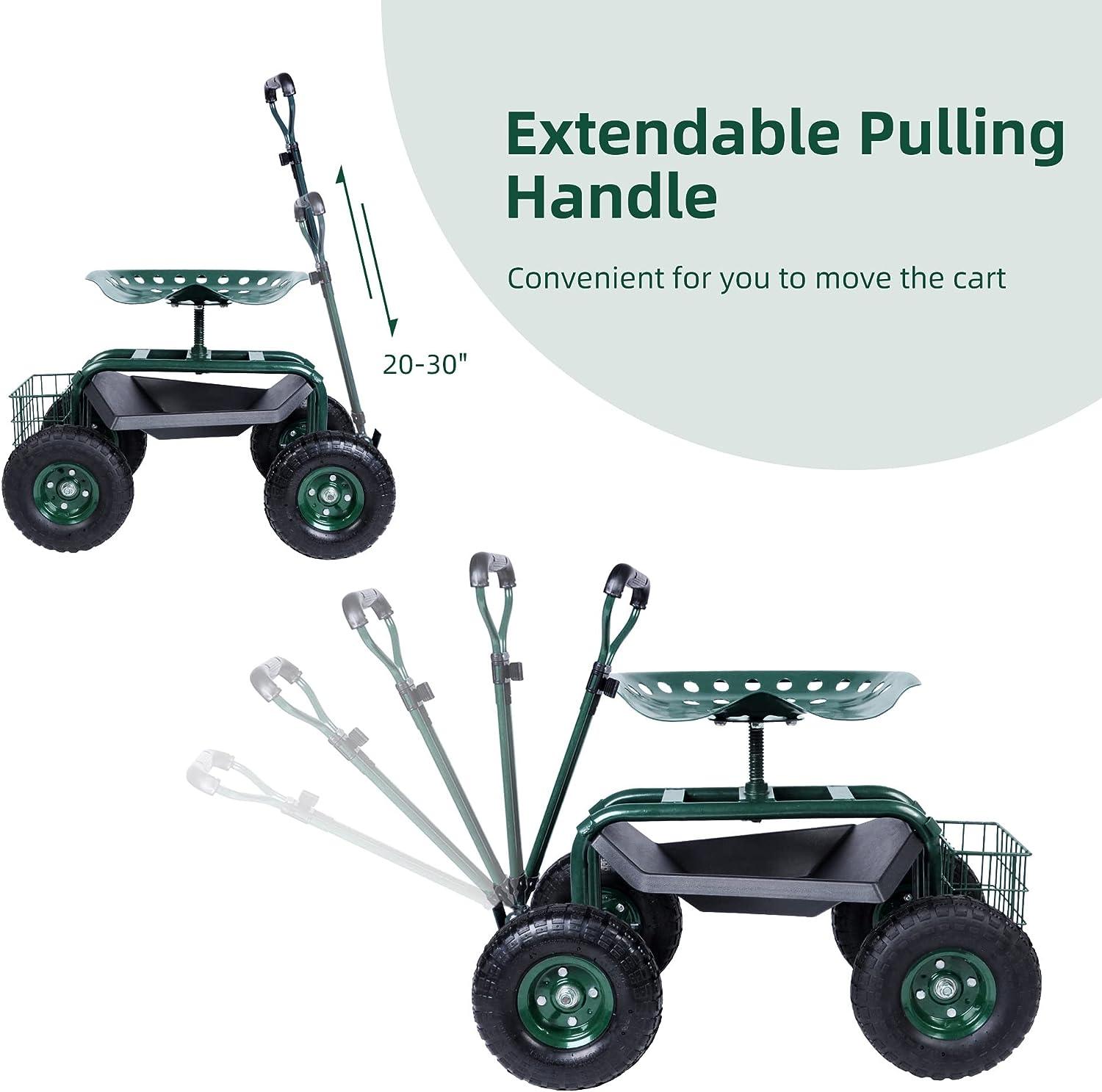 Rolling Garden Cart with Seat Lawn Yard Patio Work Seat Gardening Stool with Tool Tray and Storage Basket, with Handle - Luckyermore