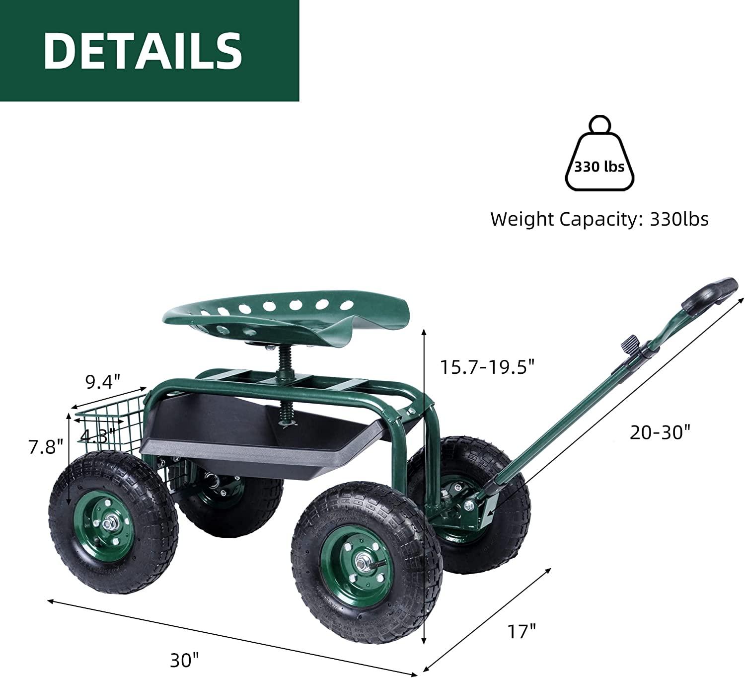 Rolling Garden Cart with Seat Lawn Yard Patio Work Seat Gardening Stool with Tool Tray and Storage Basket, with Handle - Luckyermore