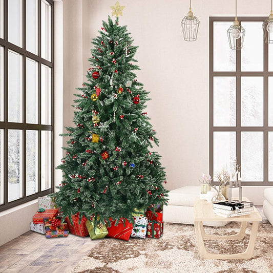 7ft Artificial Christmas Pine Tree Snow Flocked with Red Cheery 1390 Branch Tips and Decoration