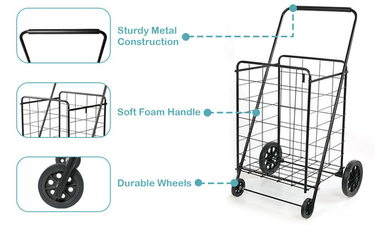 Folding Grocery Shopping Cart with Wheels Collapsible Utility Cart, Black