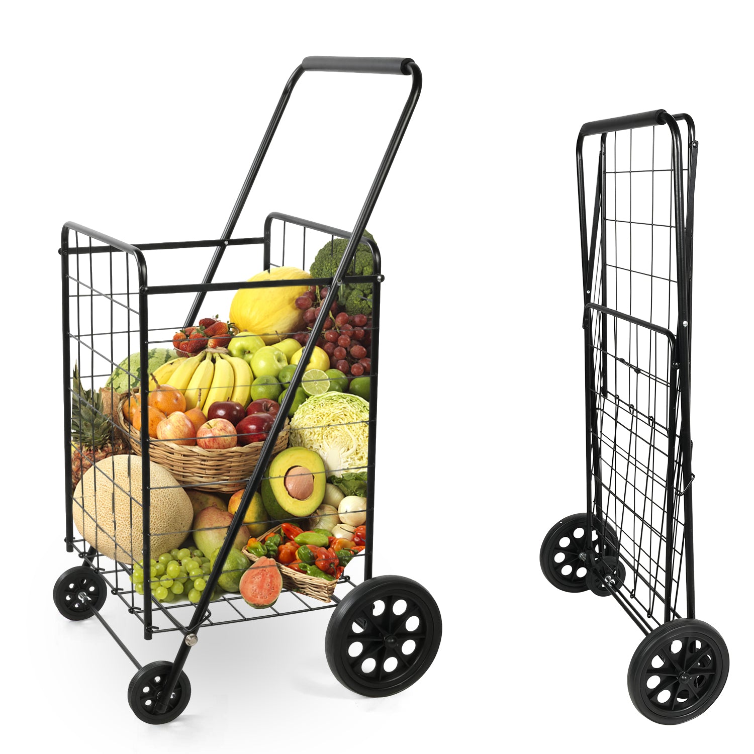 Folding Grocery Shopping Cart with Wheels Collapsible Utility Cart, Black