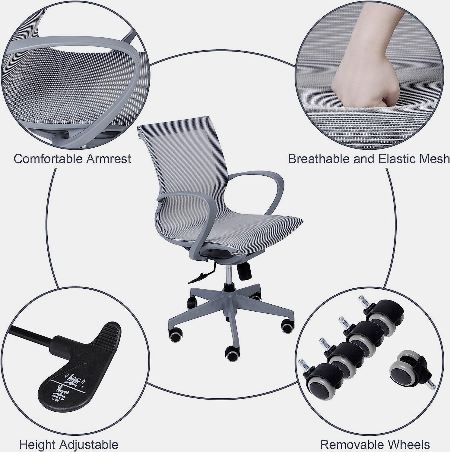 LUCKYERMORE Home Office Chair Mesh Chair Breathable Back Seat Height Adjustable, Gray