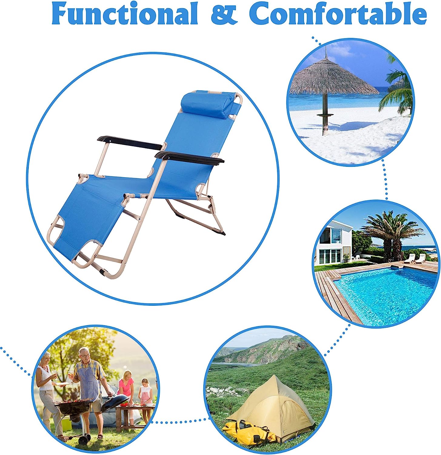 Luckyermore Set of 2 Portable Chaise Lounge Chair 66" L Flat Folding Outdoor Recliner Chair, Blue