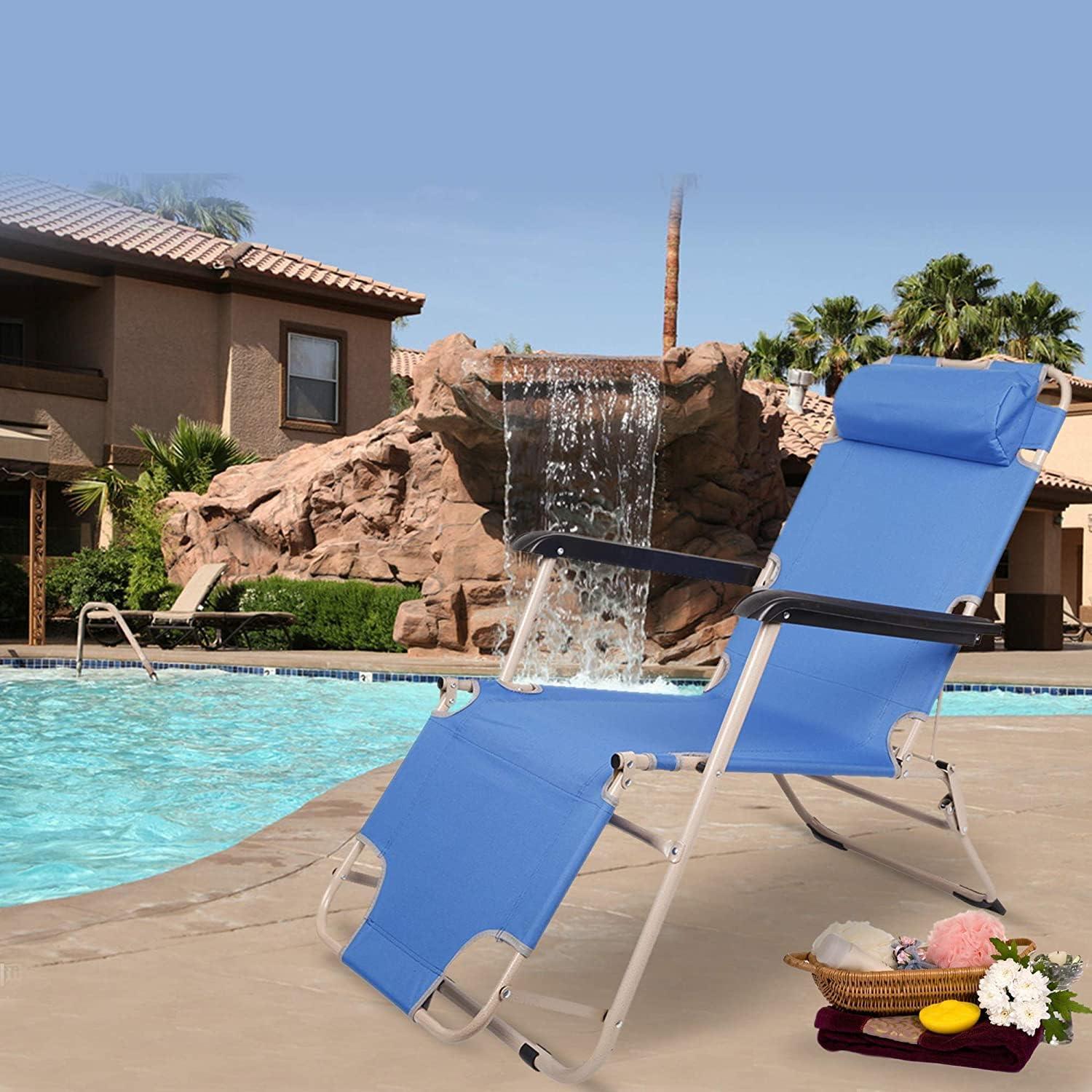 Luckyermore Set of 2 Portable Chaise Lounge Chair 66" L Flat Folding Outdoor Recliner Chair, Blue