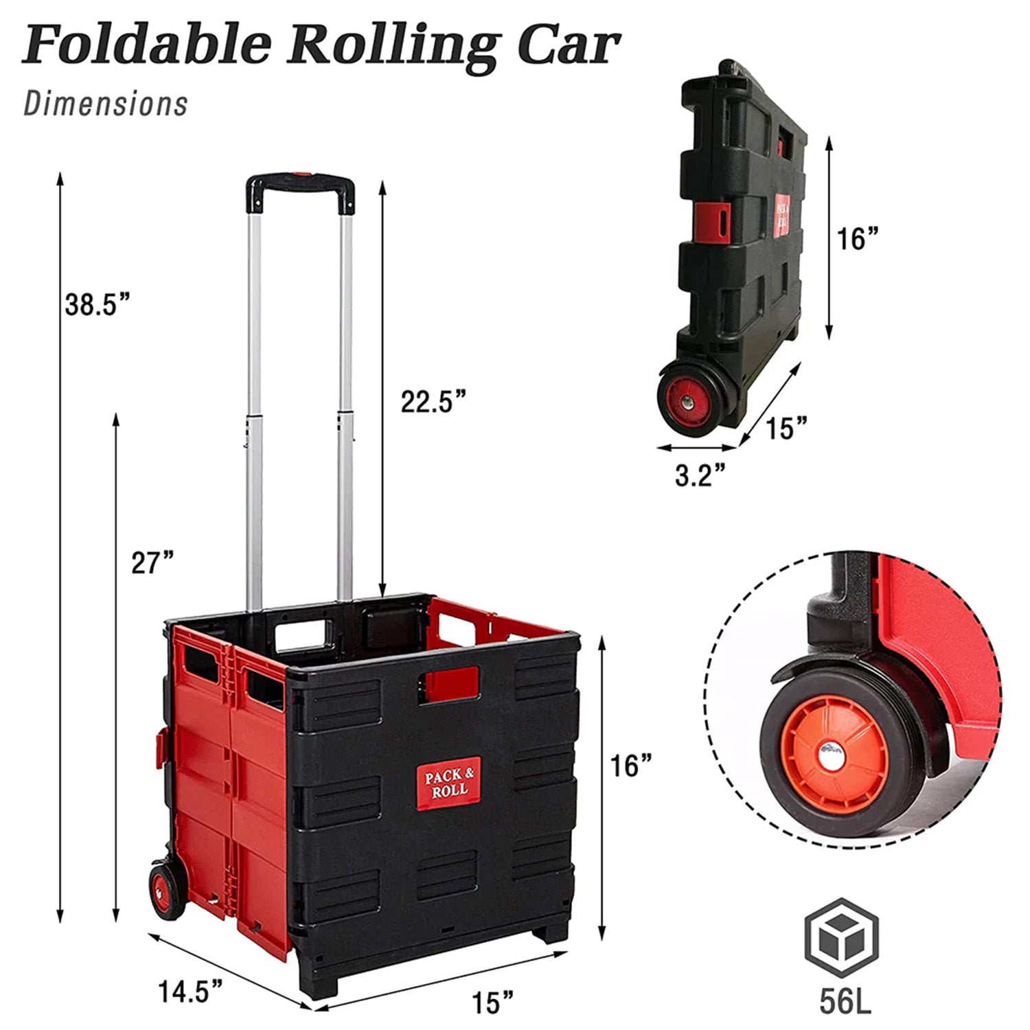 56L Collapsible Rolling Crate Utility Cart Foldable Grocery Cart with Wheels, Red - Luckyermore