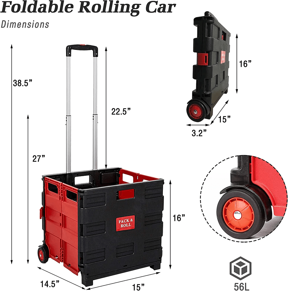 LUCKYERMORE 77lbs Collapsible Rolling Crate Transit Utility Cart Foldable Grocery Cart with Wheels, Red