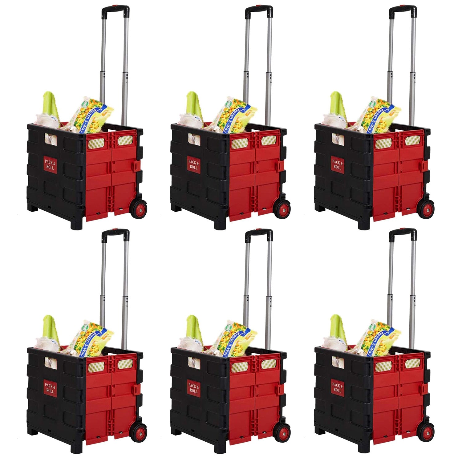 6PCS 56L Collapsible Rolling Crate Utility Cart Foldable Grocery Cart with Wheels, Red