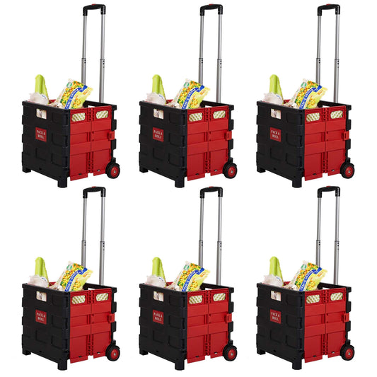 6PCS Collapsible Rolling Crate Transit Utility Cart 77lbs Foldable Grocery Cart with Wheels, Red, Large