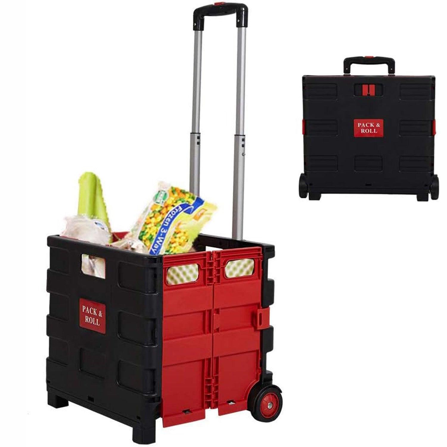 LUCKYERMORE 77lbs Collapsible Rolling Crate Transit Utility Cart Foldable Grocery Cart with Wheels, Red