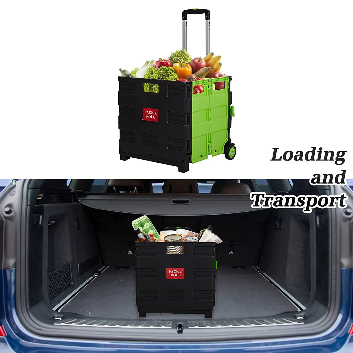 56L Collapsible Rolling Crate Utility Cart Foldable Grocery Cart with Wheels, Green - Luckyermore