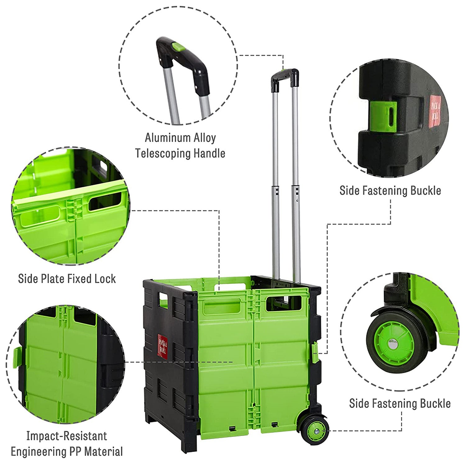 56L Collapsible Rolling Crate Utility Cart Foldable Grocery Cart with Wheels, Green - Luckyermore