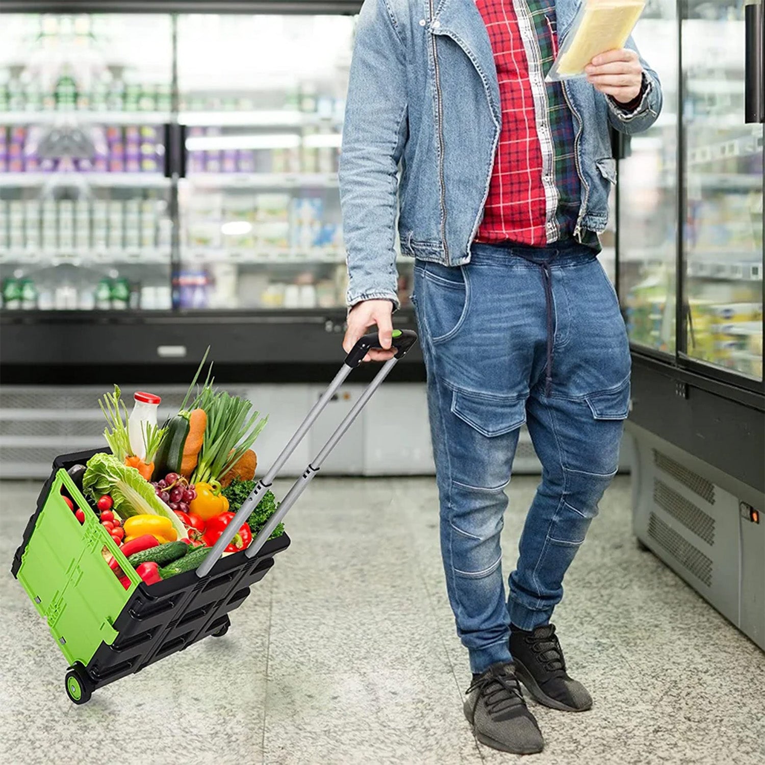56L Collapsible Rolling Crate Utility Cart Foldable Grocery Cart with Wheels, Green - Luckyermore