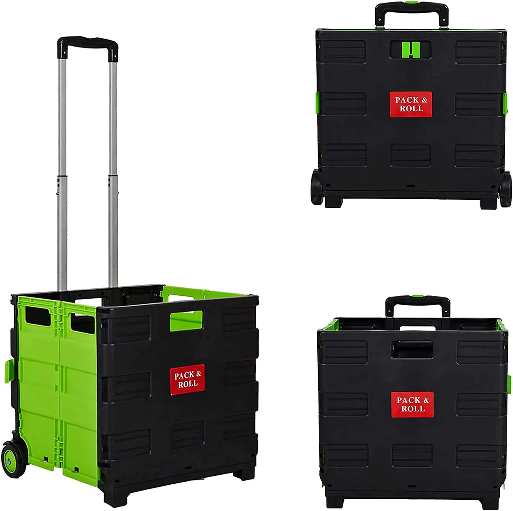 56L Collapsible Rolling Crate Utility Cart Foldable Grocery Cart with Wheels, Green - Luckyermore