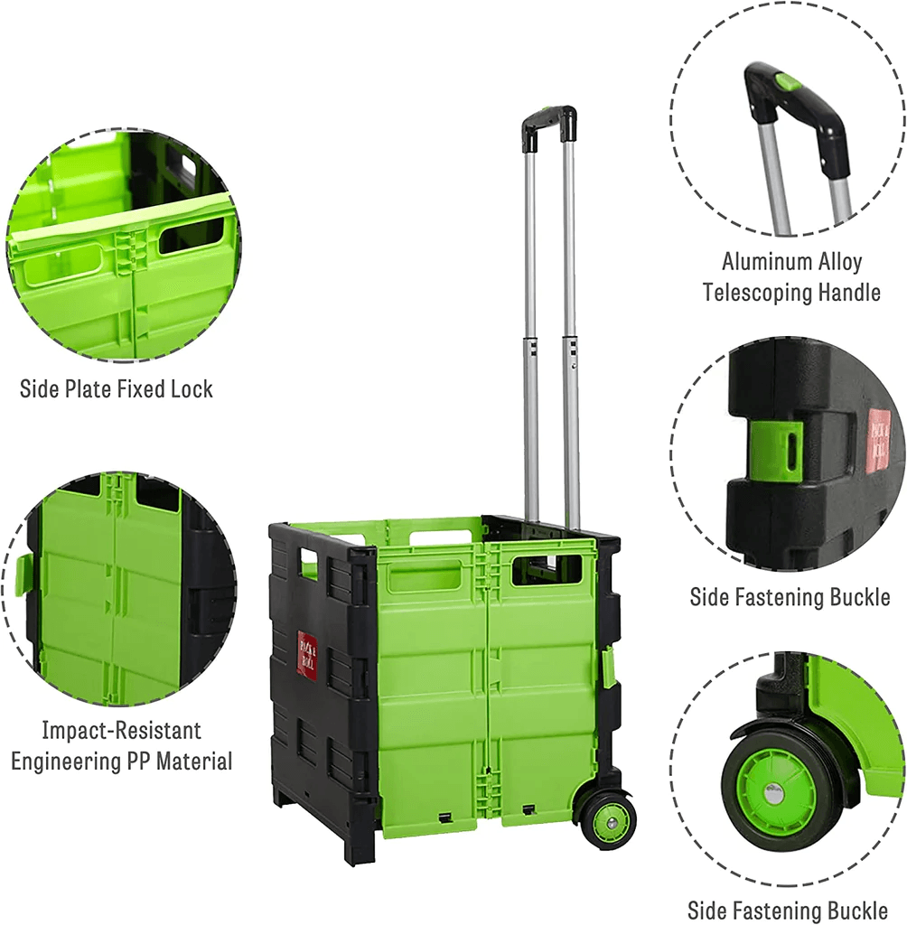 LUCKYERMORE 55lbs Collapsible Rolling Crate Transit Utility Cart Foldable Grocery Cart with Wheels, Green