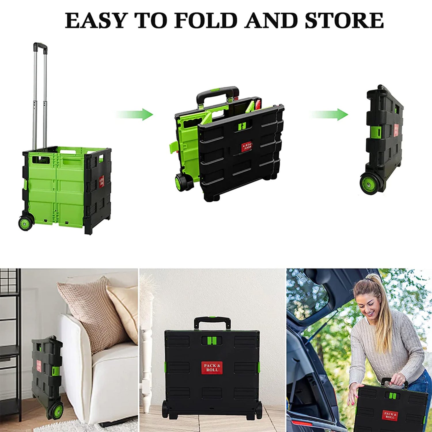 56L Collapsible Rolling Crate Utility Cart Foldable Grocery Cart with Wheels, Green - Luckyermore