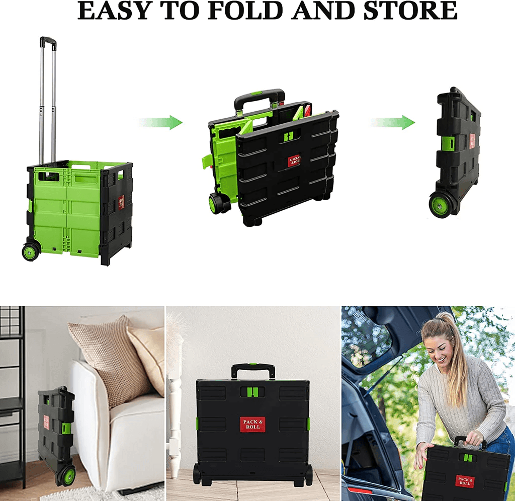 LUCKYERMORE 77lbs Collapsible Rolling Crate Transit Utility Cart Foldable Grocery Cart with Wheels, Green