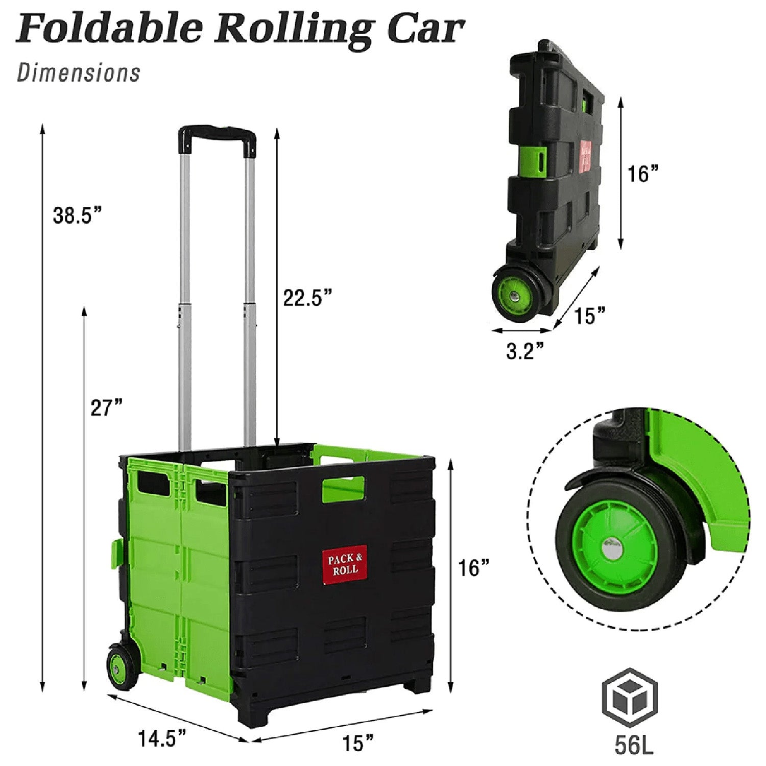 56L Collapsible Rolling Crate Utility Cart Foldable Grocery Cart with Wheels, Green - Luckyermore
