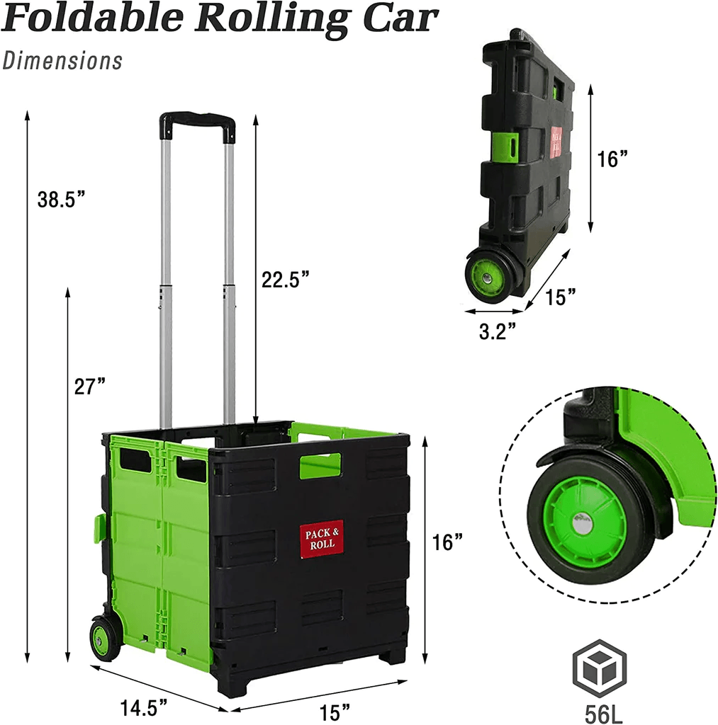 LUCKYERMORE 77lbs Collapsible Rolling Crate Transit Utility Cart Foldable Grocery Cart with Wheels, Green