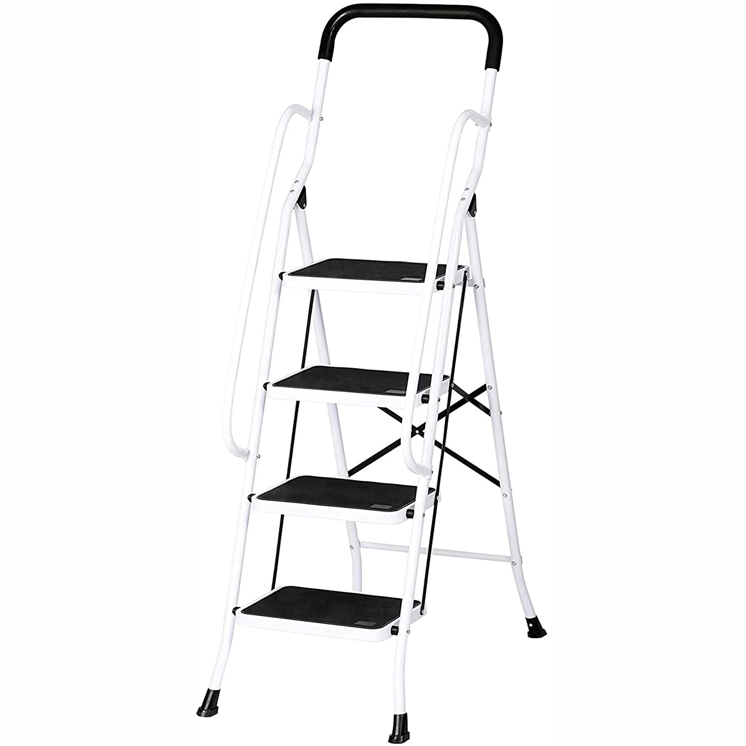 LUCKYERMORE 4 Step Stable Step Ladders with Hand Grips Safety Ladders 330lbs Capacity