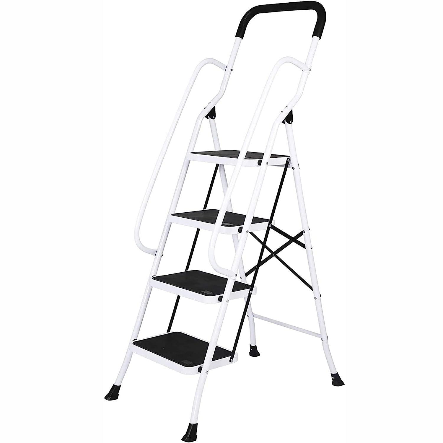 4 Step Stable Step Ladders with Hand Grips Safety Ladders 330lbs Capacity - Luckyermore