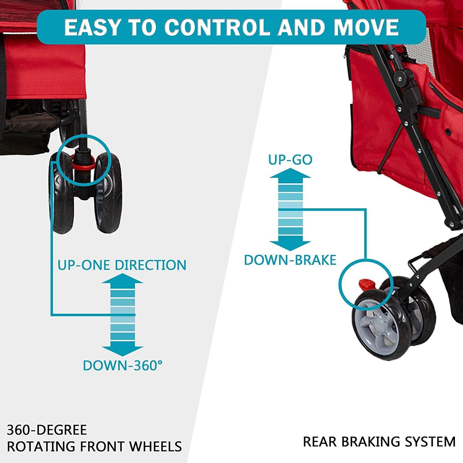 LUCKYERMORE Double Seater Folding Dog Cat Pet Stroller Jogger Travel Carrier Cart, Red