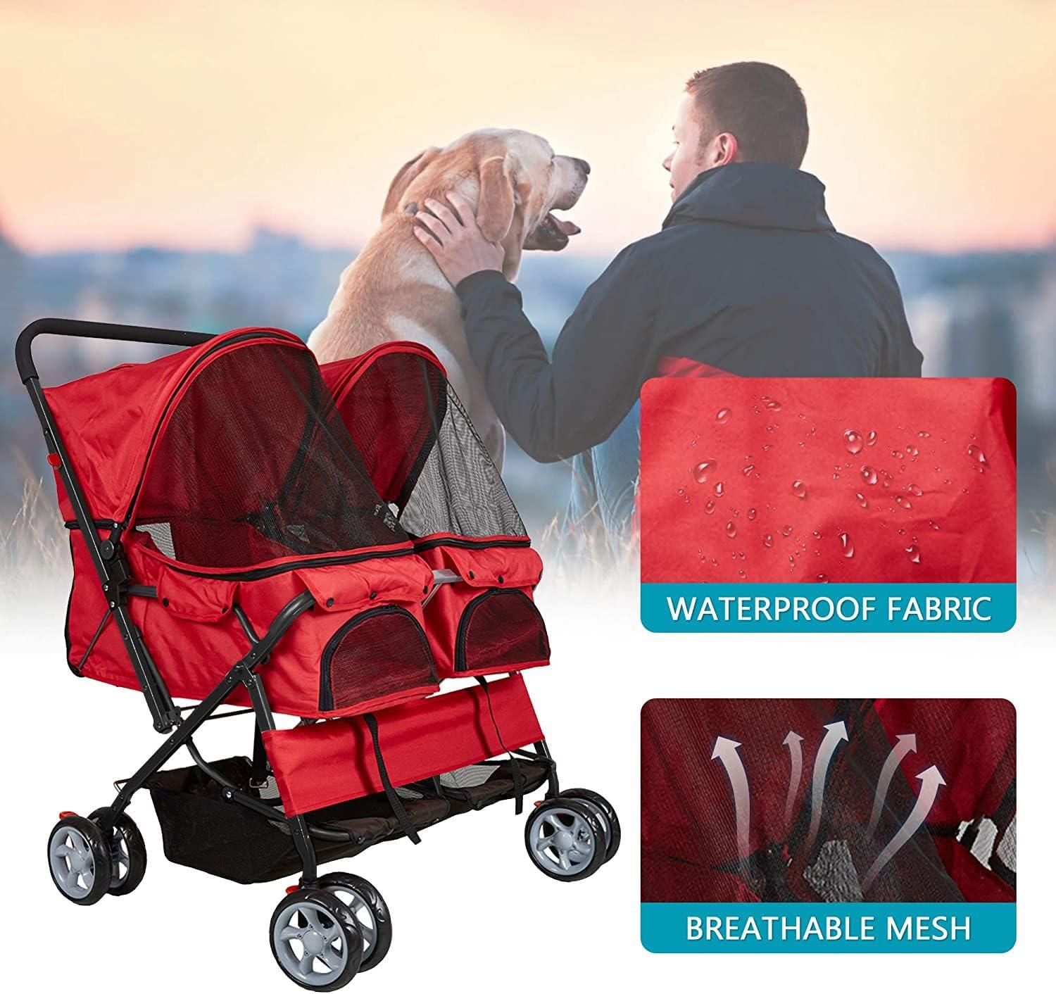 LUCKYERMORE Double Seater Folding Dog Cat Pet Stroller Jogger Travel Carrier Cart, Red