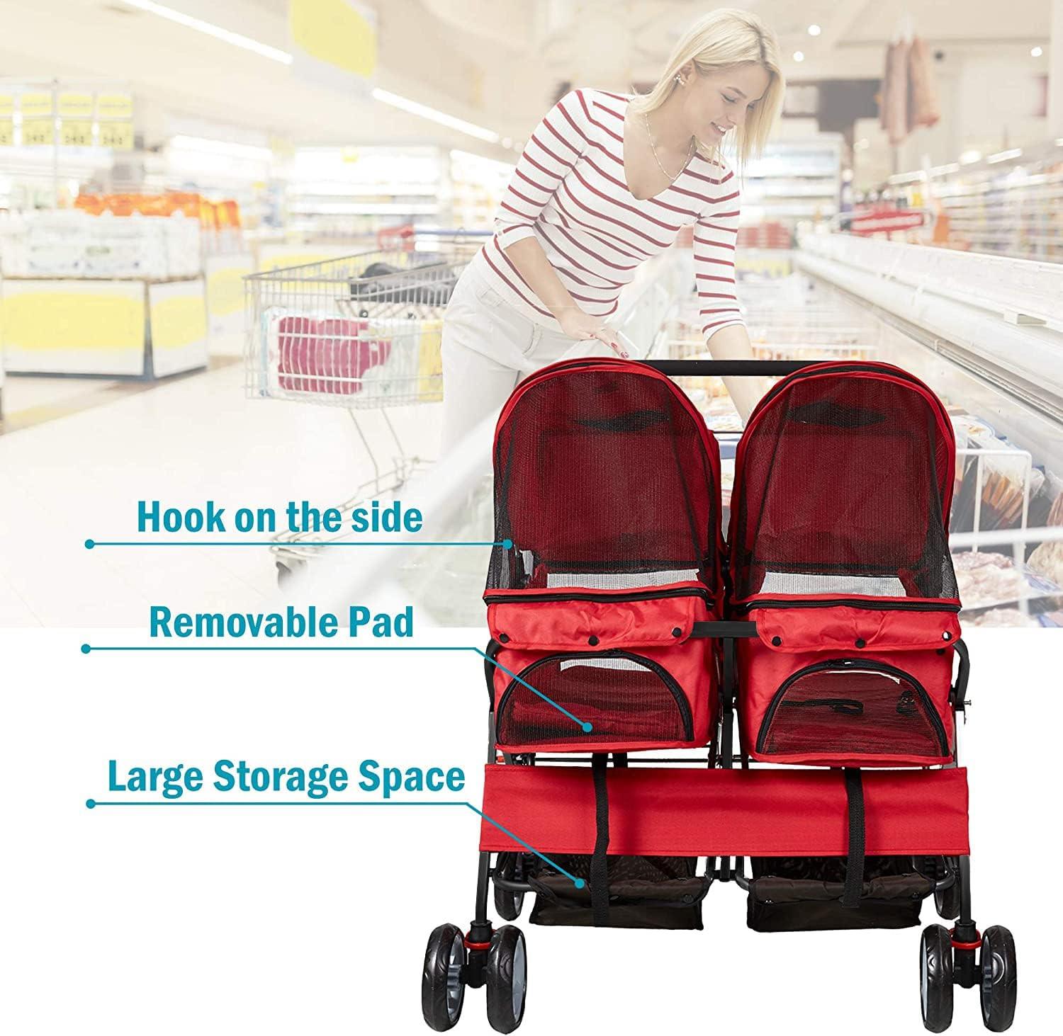 LUCKYERMORE Double Seater Folding Dog Cat Pet Stroller Jogger Travel Carrier Cart, Red