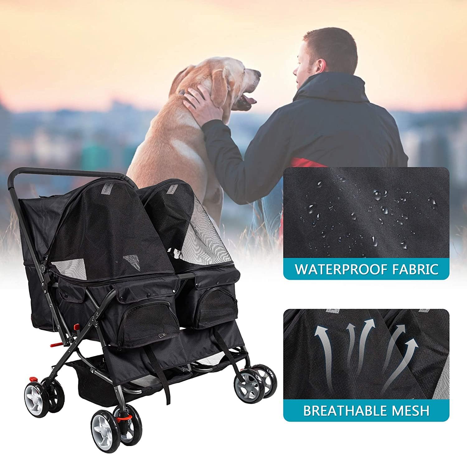 Double Seater Folding Dog Cat Pet Stroller Travel Carrier Jogger Stroller, Black