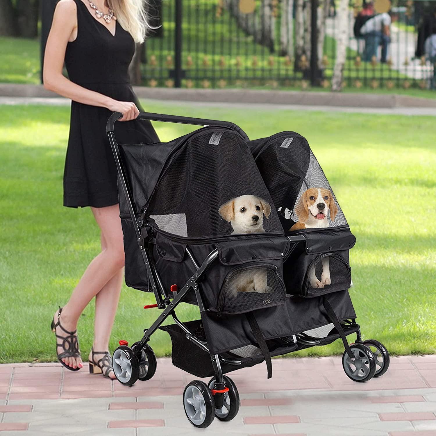 LUCKYERMORE Double Seater Folding Dog Cat Pet Stroller Travel Carrier Jogger Stroller, Black