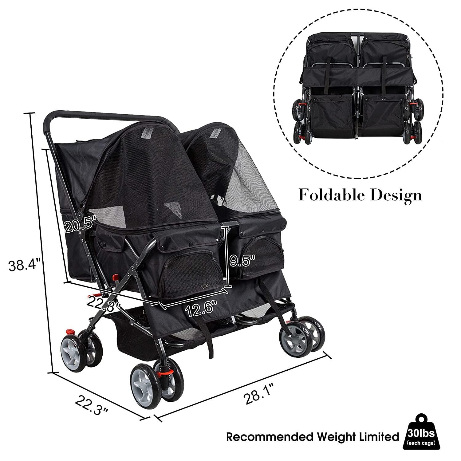 LUCKYERMORE Double Seater Folding Dog Cat Pet Stroller Travel Carrier Jogger Stroller, Black