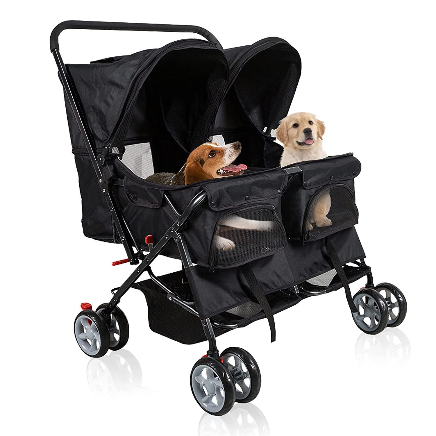 LUCKYERMORE Double Seater Folding Dog Cat Pet Stroller Travel Carrier Jogger Stroller, Black