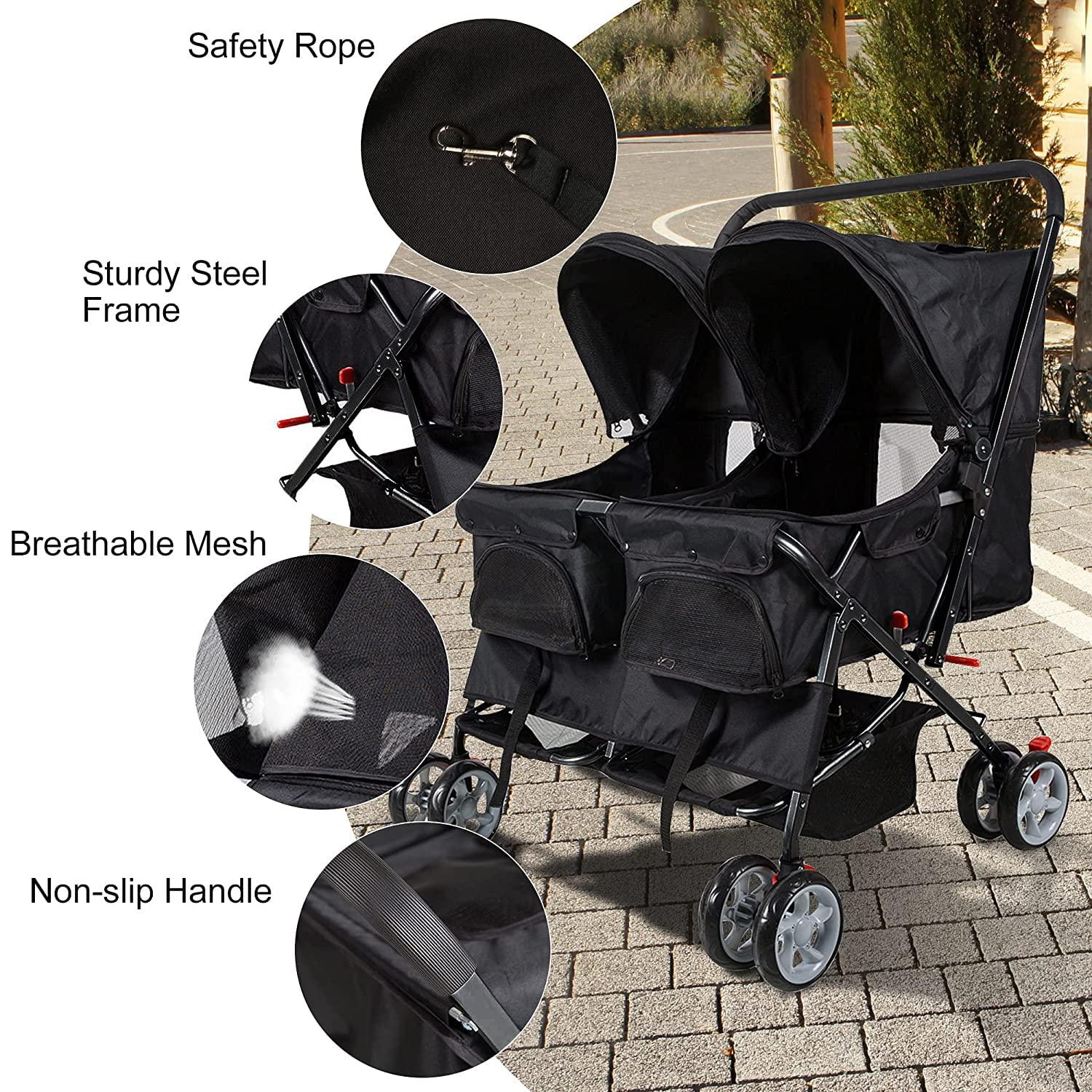 LUCKYERMORE Double Seater Folding Dog Cat Pet Stroller Travel Carrier Jogger Stroller, Black