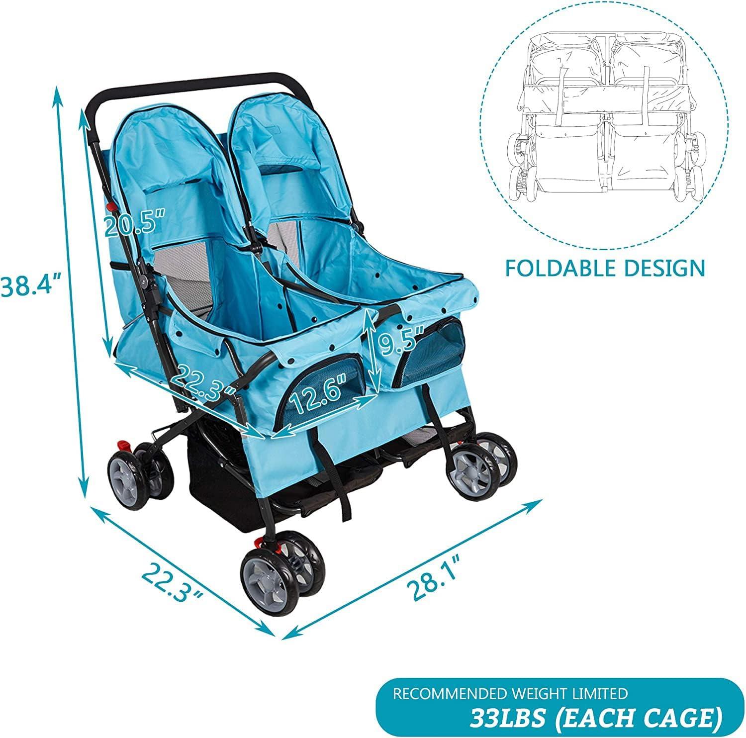 LUCKYERMORE Double Seater Folding Dog Cat Pet Stroller Travel Carrier Jogger Stroller, Blue