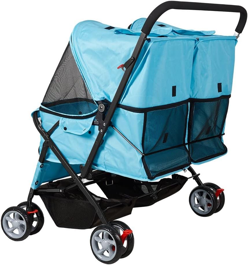 Double Seater Folding Dog Cat Pet Stroller Travel Carrier Jogger Stroller, Blue