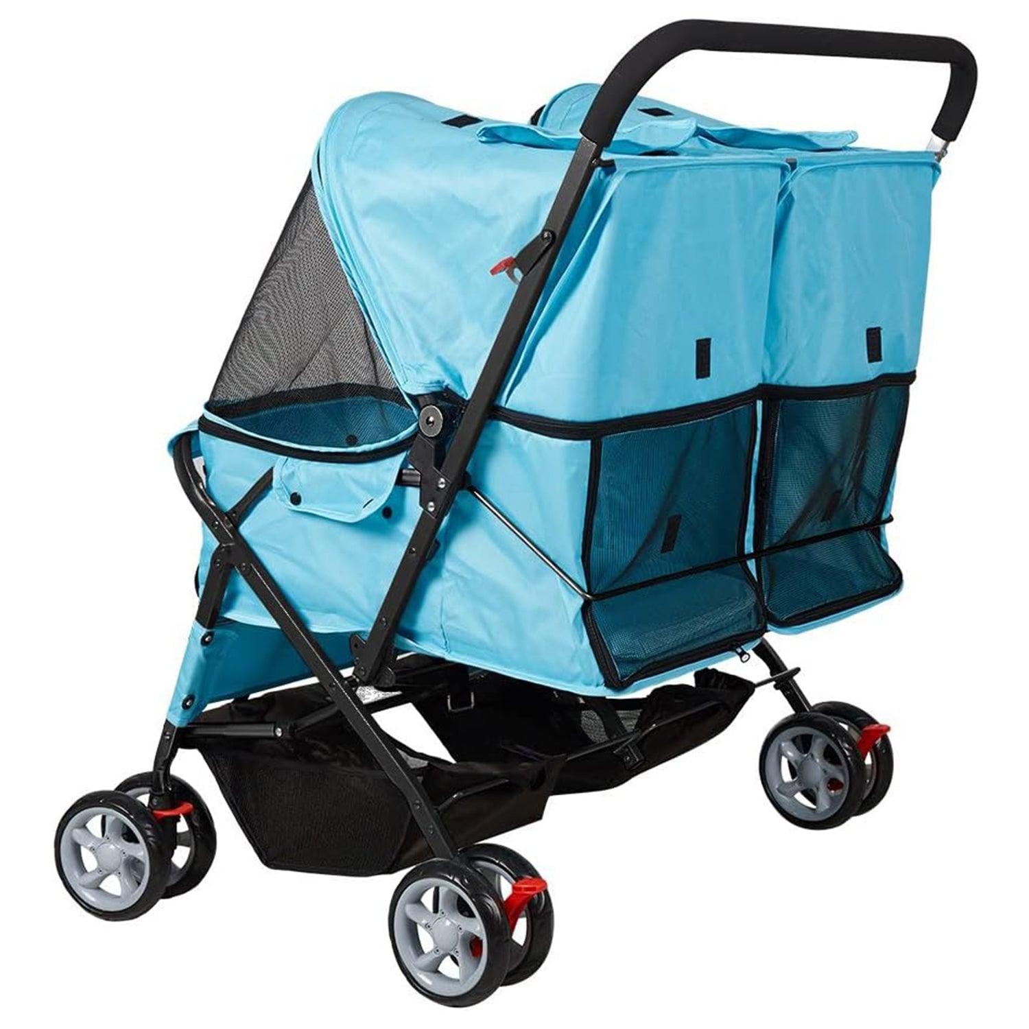LUCKYERMORE Double Seater Folding Dog Cat Pet Stroller Travel Carrier Jogger Stroller, Blue