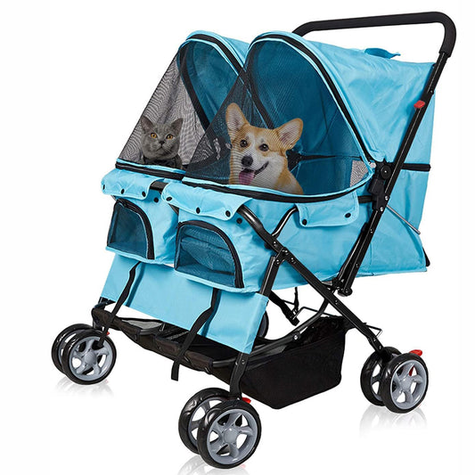 LUCKYERMORE Double Seater Folding Dog Cat Pet Stroller Travel Carrier Jogger Stroller, Blue