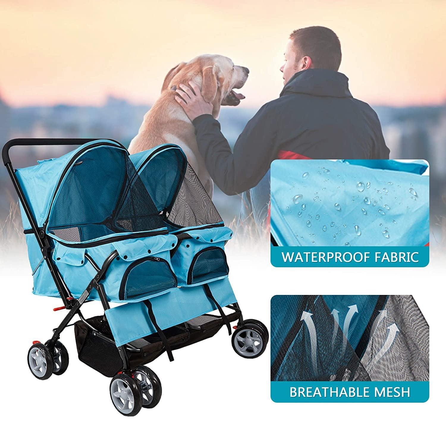 LUCKYERMORE Double Seater Folding Dog Cat Pet Stroller Travel Carrier Jogger Stroller, Blue