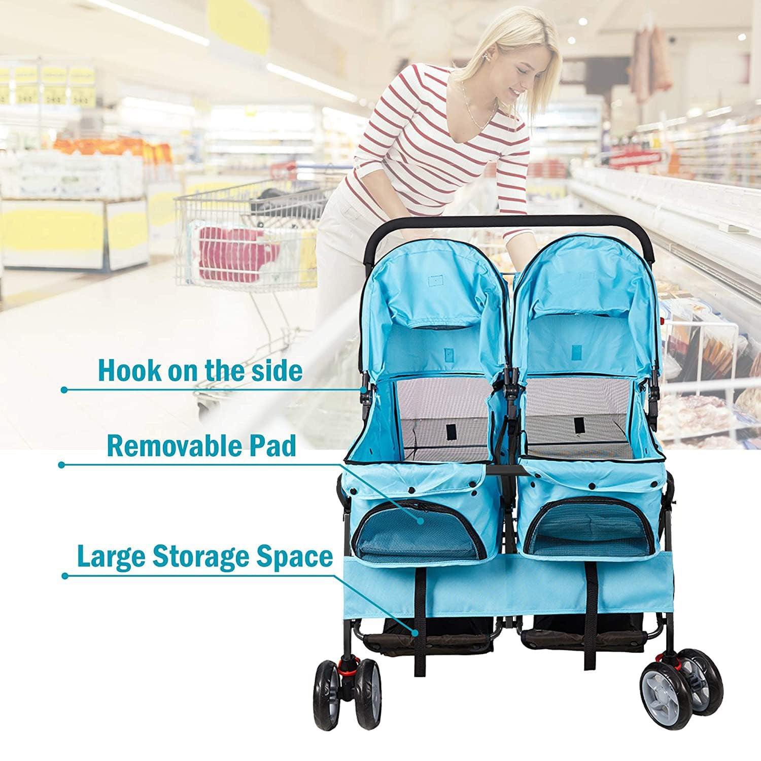 LUCKYERMORE Double Seater Folding Dog Cat Pet Stroller Travel Carrier Jogger Stroller, Blue