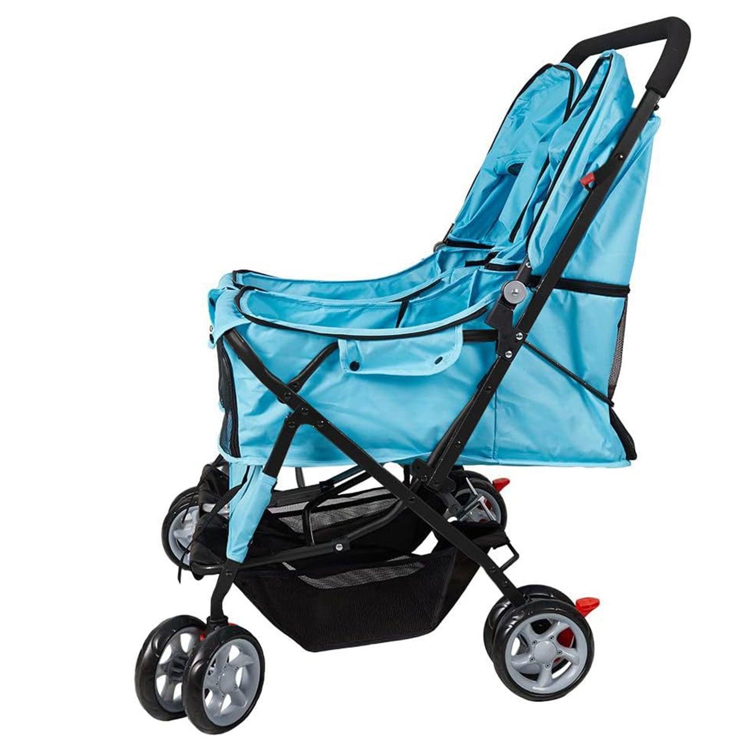 LUCKYERMORE Double Seater Folding Dog Cat Pet Stroller Travel Carrier Jogger Stroller, Blue