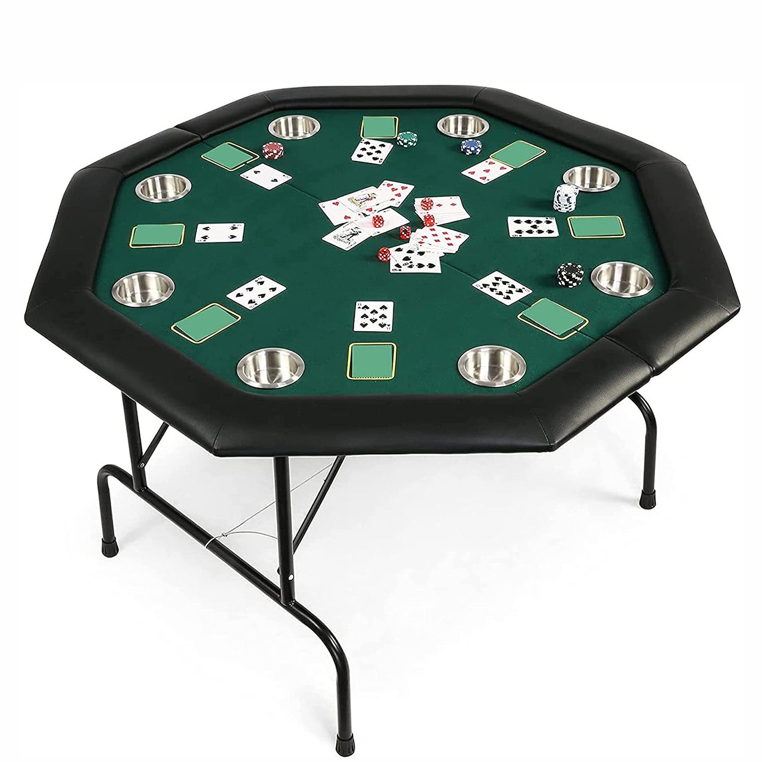 LUCKYERMORE 48" Octagon Folding Poker Table 8 Player Casino Texas Poker Mat, Stainless Steel Cup Holder