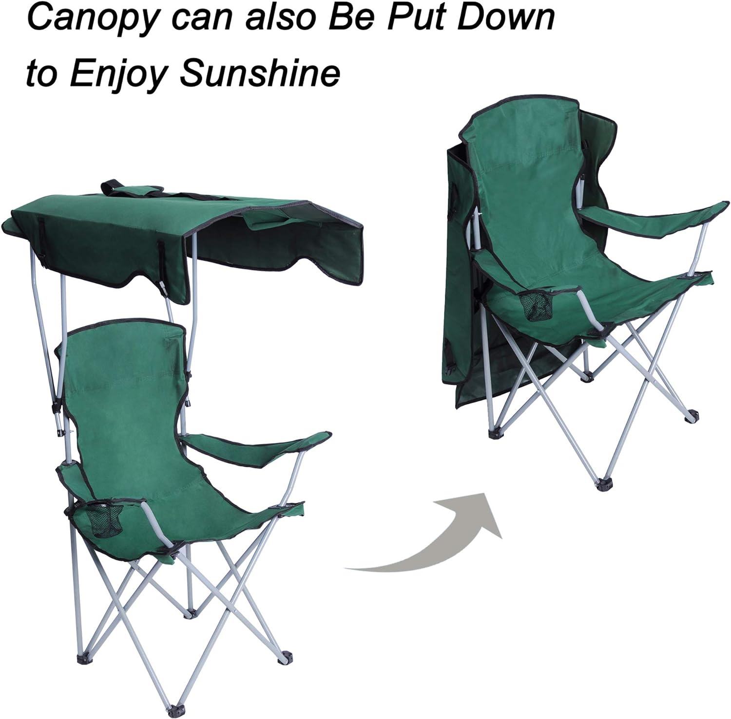 Portable Camping Chairs with Shade Canopy Cup Holder Carry Bag Folding Beach Chairs, Green
