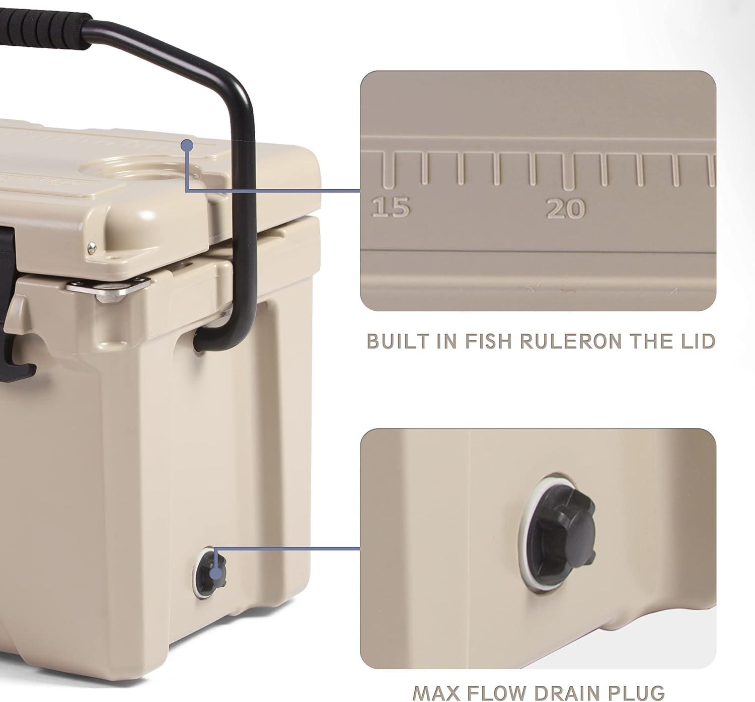 25QT Rotomolded Insulated Ice Cooler 3-5 Days Ice Chest with Built-in Fish Ruler, Bottle Opener, Cup Holder - Luckyermore