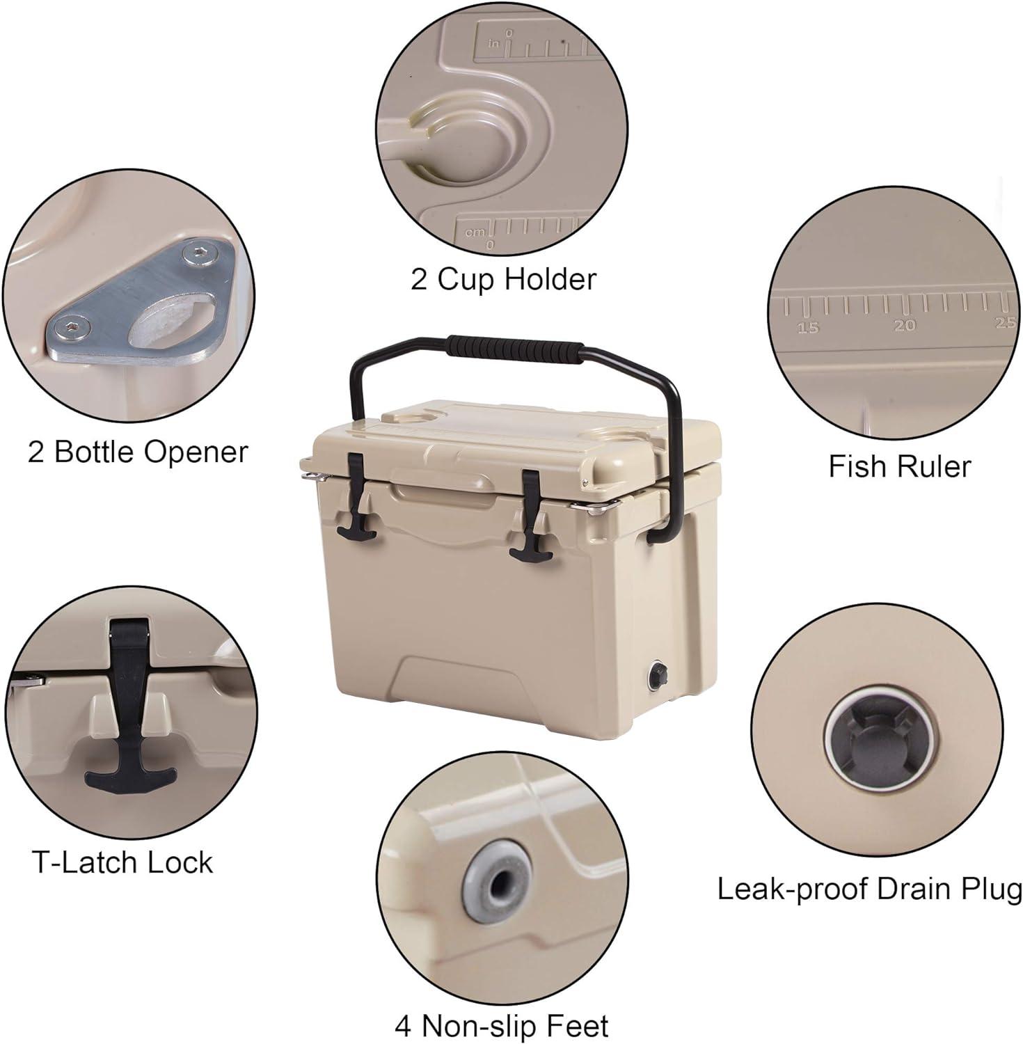 25QT Rotomolded Insulated Ice Cooler 3-5 Days Ice Chest with Built-in Fish Ruler, Bottle Opener, Cup Holder - Luckyermore