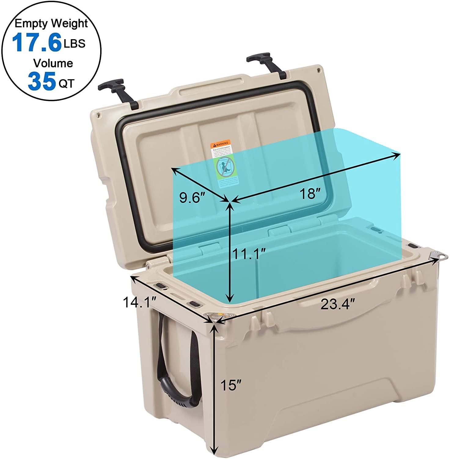 35QT Rotomolded Insulated Ice Cooler 3-5 Days Ice Chest with Built-in Fish Ruler, Bottle Opener, Cup Holder