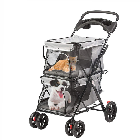 Double Seater Pet Stroller Folding Dog Stroller Travel Cage Stroller with Cup Holders and Mesh Window, Gray