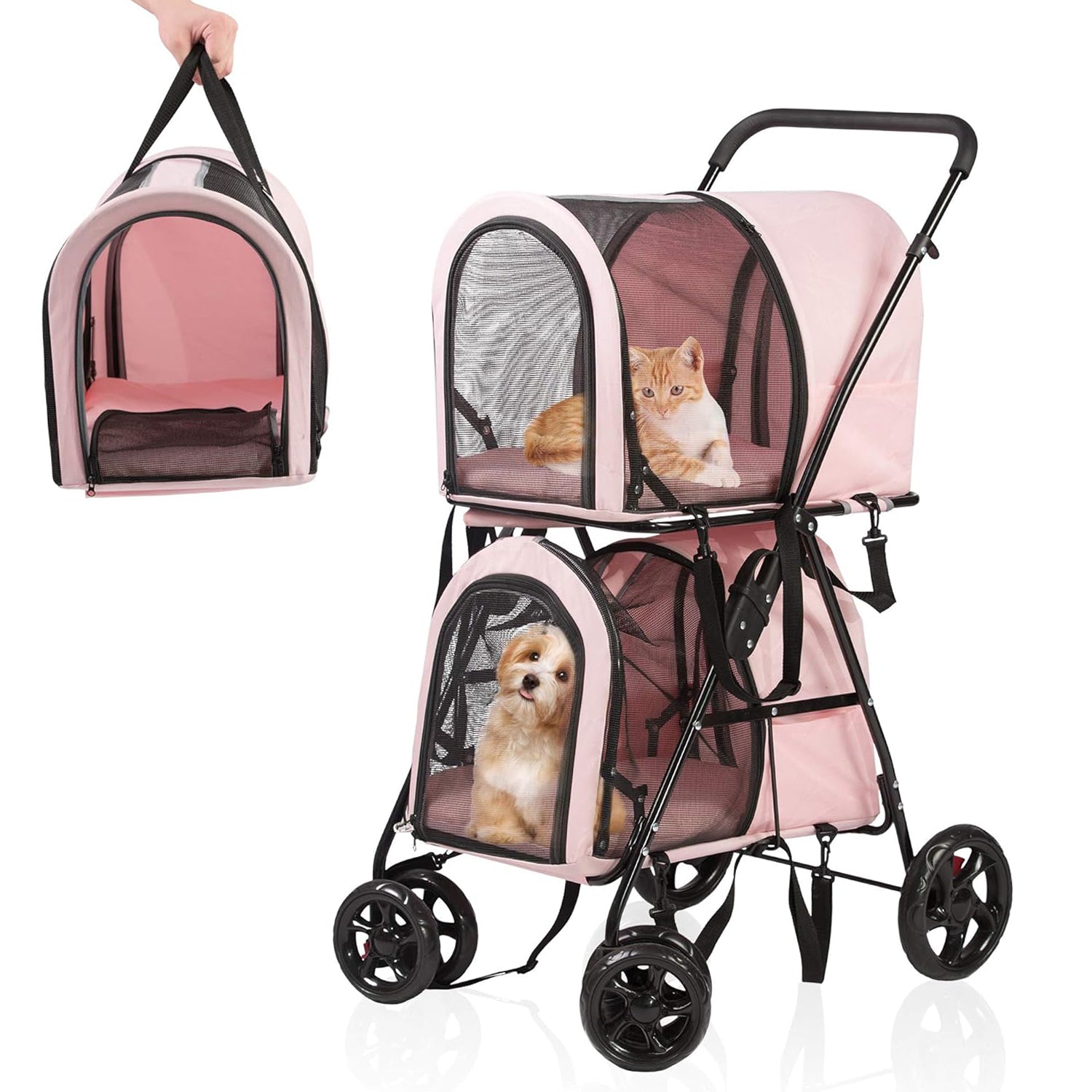 LUCKYERMORE 3-in-1 Double Seater Folding Dog Pet Stroller Kitten Puppy Carriages Detachable Carrier Bags, Pink