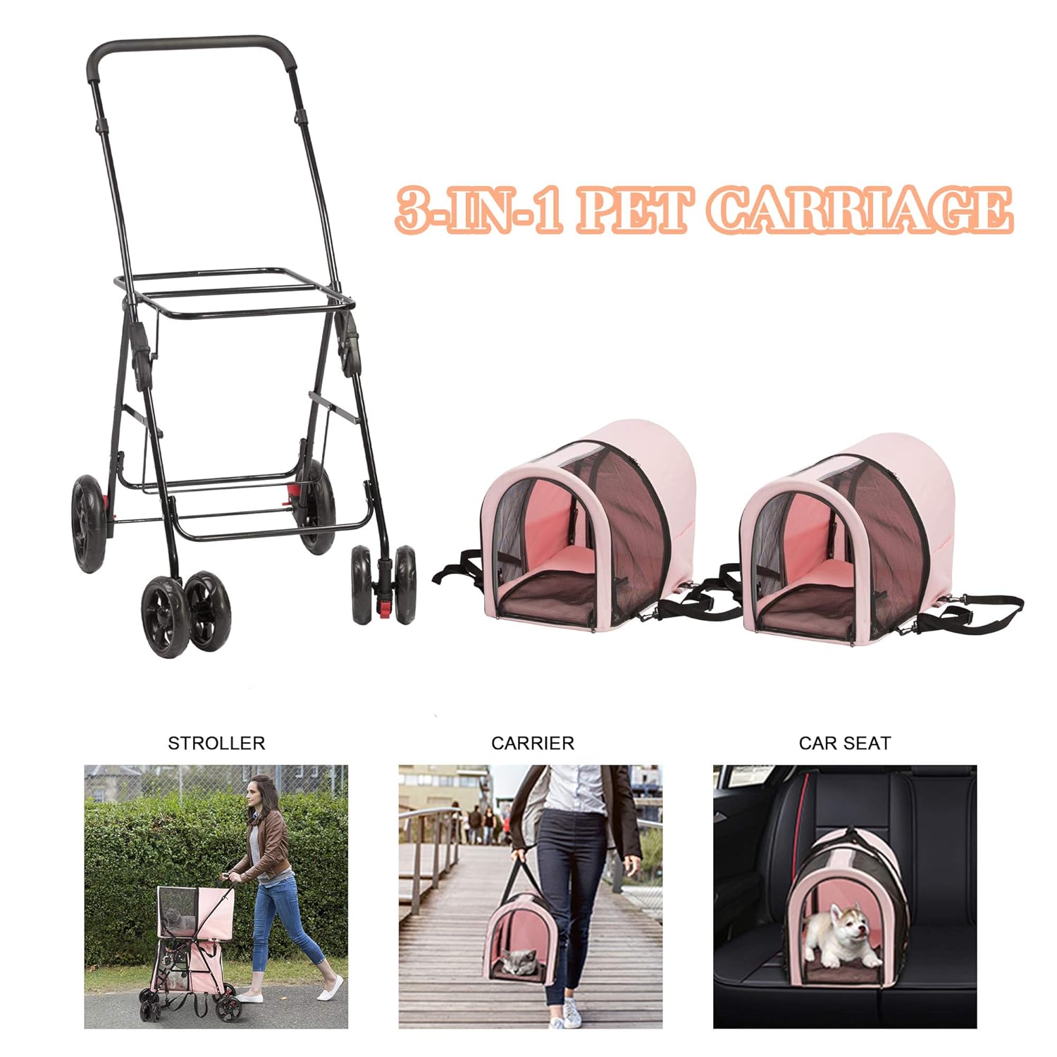 LUCKYERMORE 3-in-1 Double Seater Folding Dog Pet Stroller Kitten Puppy Carriages Detachable Carrier Bags, Pink