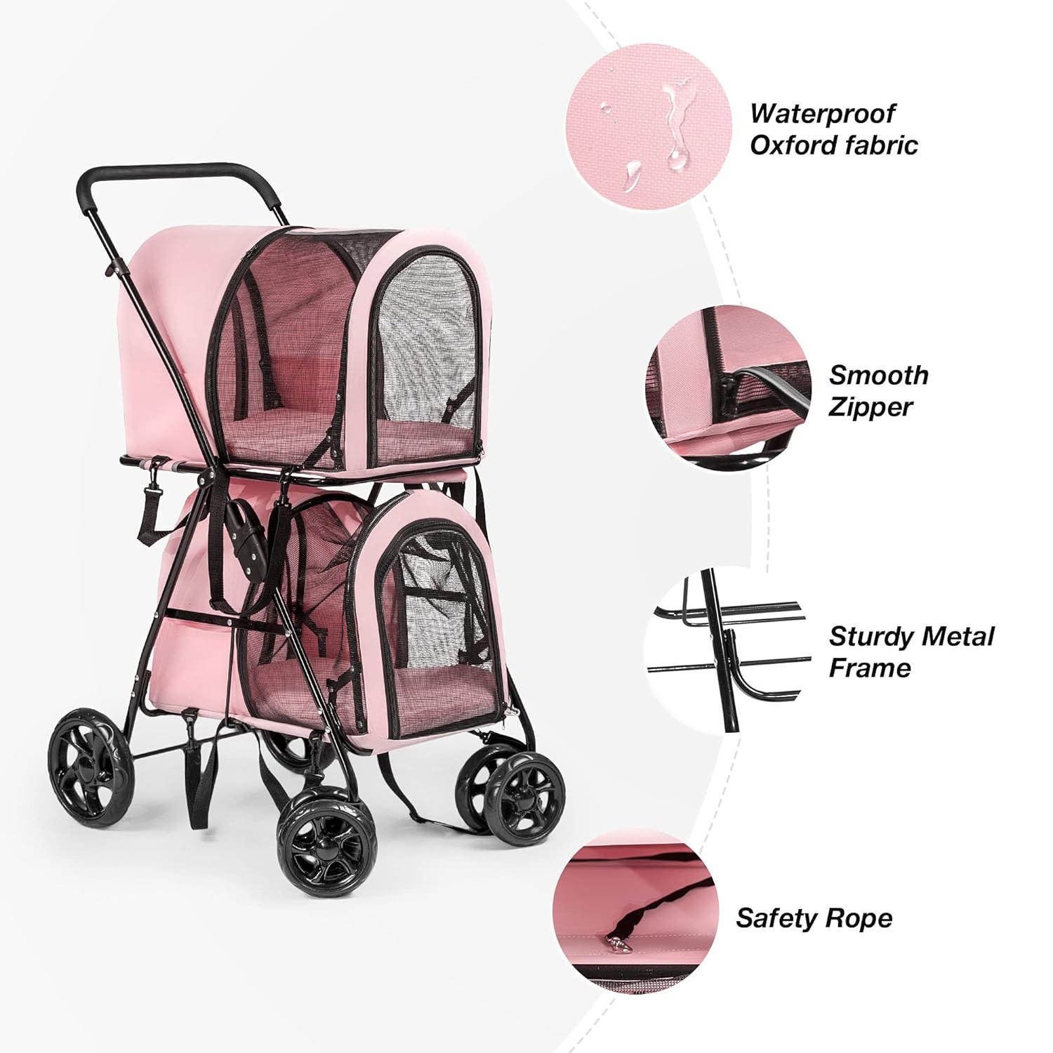 LUCKYERMORE 3-in-1 Double Seater Folding Dog Pet Stroller Kitten Puppy Carriages Detachable Carrier Bags, Pink